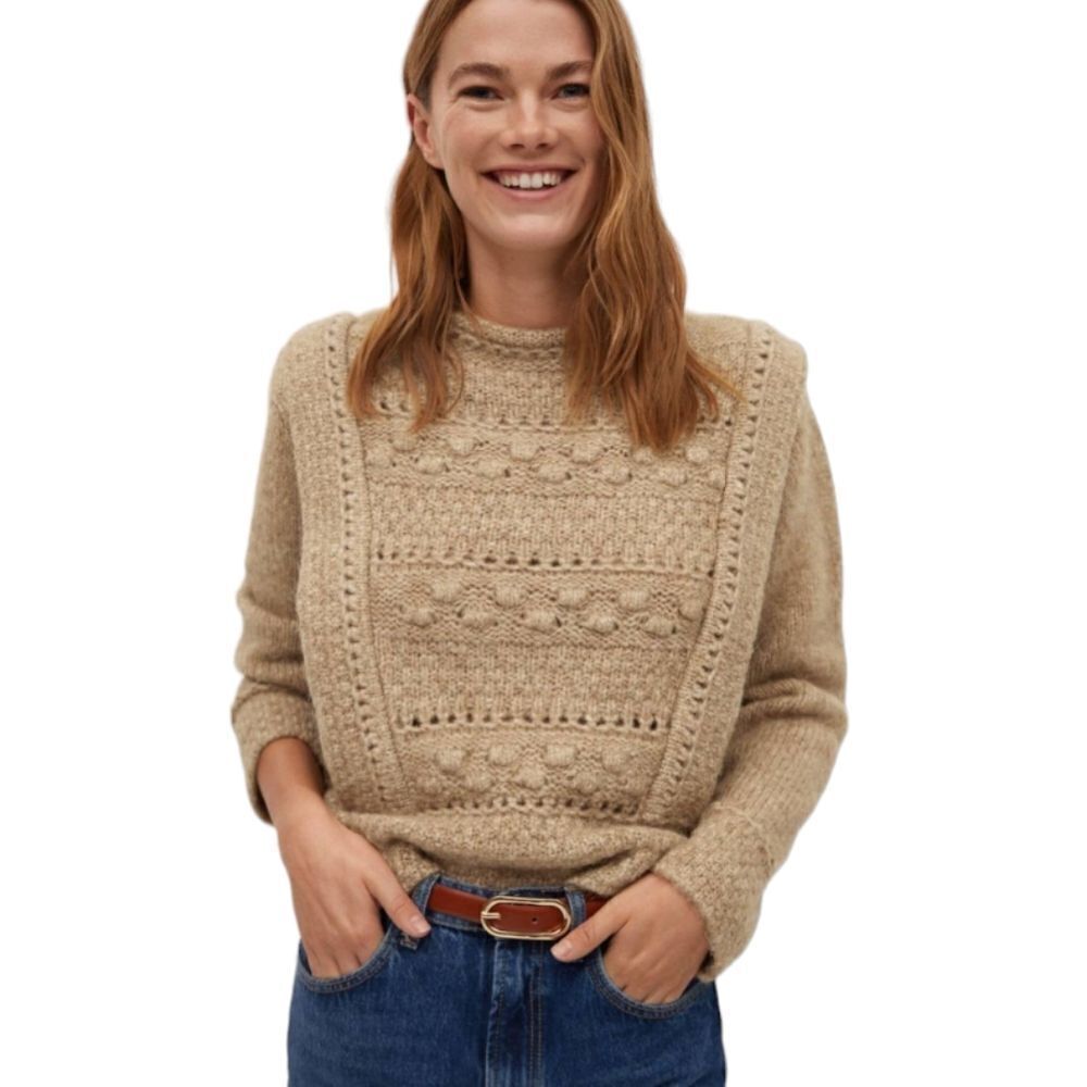 MANGO‎ tan openwork cable crew neck knit wool alpaca blend sweater S